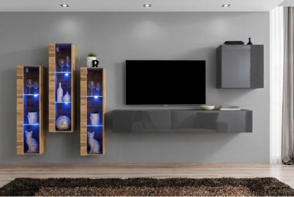 Mobile porta TV lucido grigio set da soggiorno con parete attrezzata di lusso.
