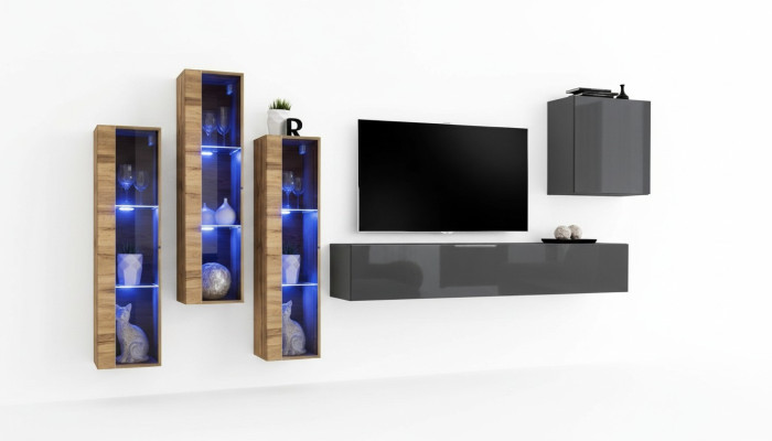 Mobile porta TV lucido grigio set da soggiorno con parete attrezzata di lusso.