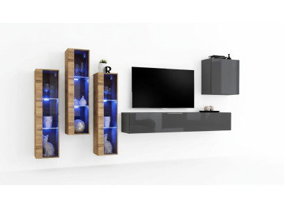Mobile porta TV lucido grigio set da soggiorno con parete attrezzata di lusso.
