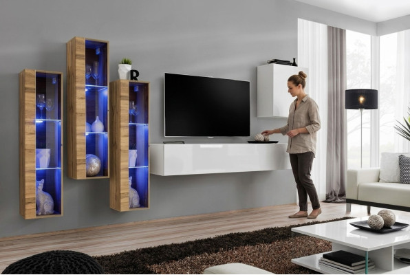 Set completo di arredamento per soggiorno in legno 5 pezzi. Moderno, di design, lucido.