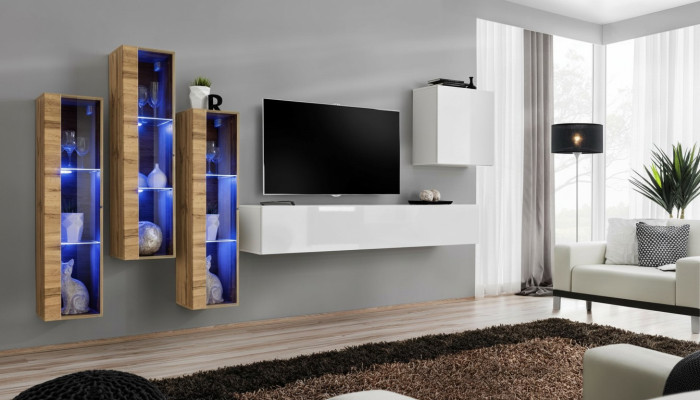 Set completo di arredamento per soggiorno in legno 5 pezzi. Moderno, di design, lucido.