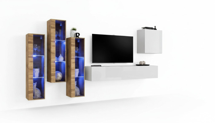 Set completo di arredamento per soggiorno in legno 5 pezzi. Moderno, di design, lucido.