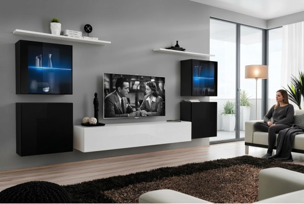 Sistema componibile bianco Mensole da parete Supporto TV Completo Credenza Lucida Arredamento