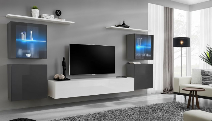 Mobile porta TV lucido in bianco con design, mobile da parete, mensole in legno di lusso.