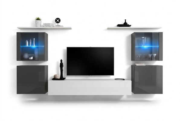 Mobile porta TV lucido in bianco con design, mobile da parete, mensole in legno di lusso.