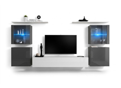 Mobile porta TV lucido in bianco con design, mobile da parete, mensole in legno di lusso.