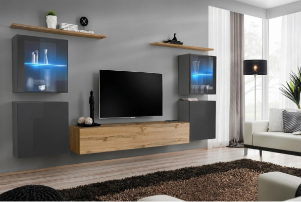 Designer Braun parete del soggiorno in stile moderno con mensole a muro e armadio in legno.