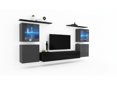 Mobile parete moderna per soggiorno, mensole da parete, credenza, supporto TV, set designer 7 pezzi.