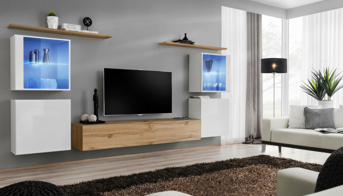 Set di mobili da soggiorno completi in marrone, composto da 4 pezzi: supporto TV, mensole da parete, mobili da parete.