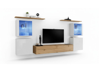 Set di mobili da soggiorno completi in marrone, composto da 4 pezzi: supporto TV, mensole da parete, mobili da parete.