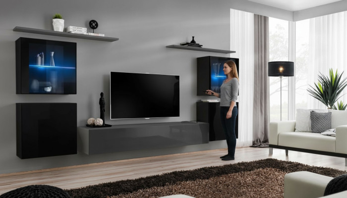 Set soggiorno mobili 7 pezzi Designer Lusso Grigio Madia Parete attrezzata Nuovo