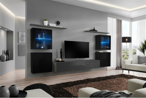 Set soggiorno mobili 7 pezzi Designer Lusso Grigio Madia Parete attrezzata Nuovo