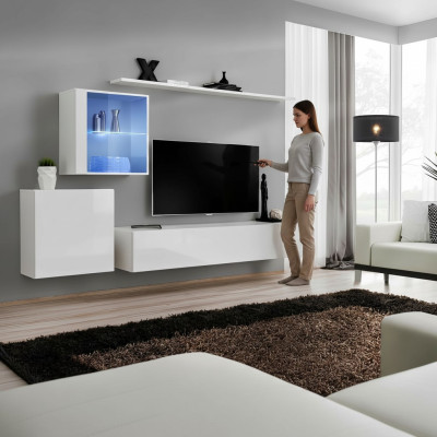 Set completo parete attrezzata con mobile TV laccato lucido lusso credenza bianca nuova design.