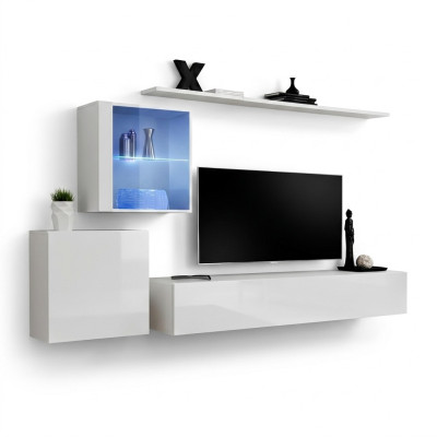 Set completo parete attrezzata con mobile TV laccato lucido lusso credenza bianca nuova design.