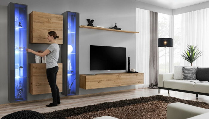 Set parete soggiorno completamente marrone con vetrina sospesa, armadio a parete arredamento design moderno.