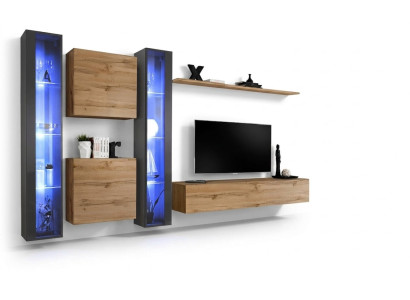 Set parete soggiorno completamente marrone con vetrina sospesa, armadio a parete arredamento design moderno.
