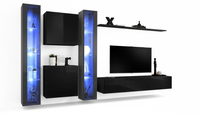 Set di parete completa con mobili in legno lusso per l'arredamento con armadio e vetrina.