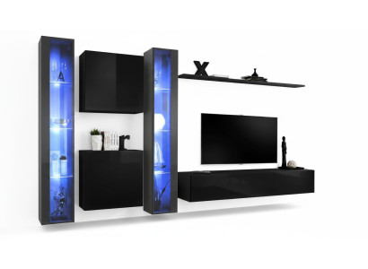 Set di parete completa con mobili in legno lusso per l'arredamento con armadio e vetrina.