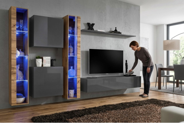 Set completo di lusso 6 pezzi parete soggiorno grigia TV stand armadietto moderno.