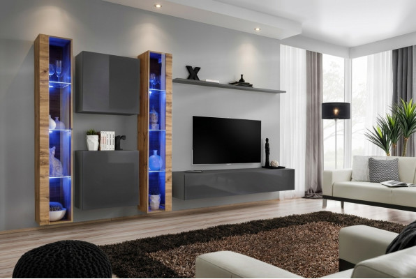 Set completo di lusso 6 pezzi parete soggiorno grigia TV stand armadietto moderno.