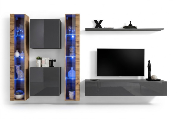 Set completo di lusso 6 pezzi parete soggiorno grigia TV stand armadietto moderno.