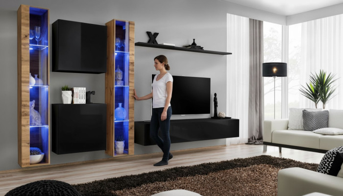 Mobile porta TV moderno nero completo di arredamento per soggiorno.
