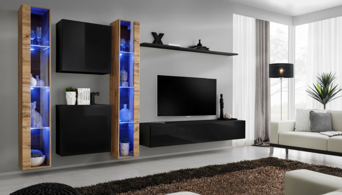 Mobile porta TV moderno nero completo di arredamento per soggiorno.
