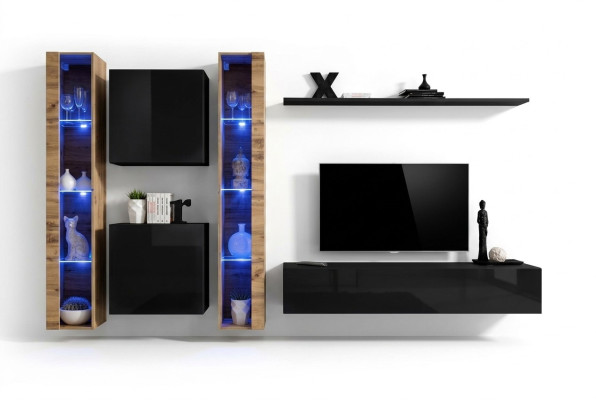 Mobile porta TV moderno nero completo di arredamento per soggiorno.
