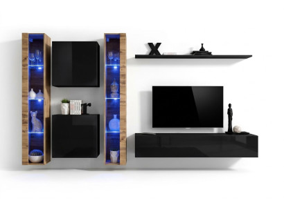 Mobile porta TV moderno nero completo di arredamento per soggiorno.