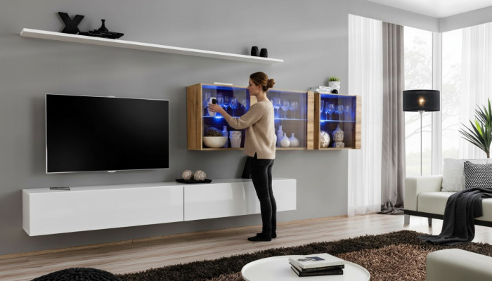 Parete completa di mobili moderni per il soggiorno, mobile porta TV di design.