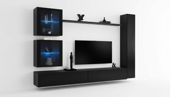 Mobile completo in nero con mobili da designer per il soggiorno, supporto TV moderno.