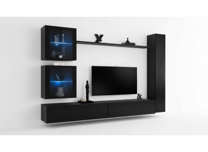 Mobile completo in nero con mobili da designer per il soggiorno, supporto TV moderno.