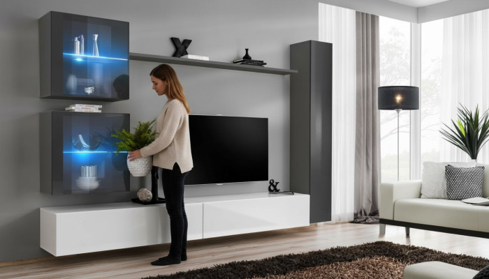 Mobile TV moderno con parete attrezzata design, arredamento grigio, credenza.