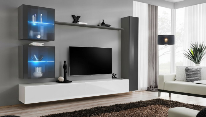 Mobile TV moderno con parete attrezzata design, arredamento grigio, credenza.