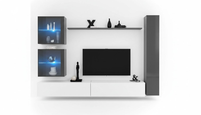 Mobile TV moderno con parete attrezzata design, arredamento grigio, credenza.