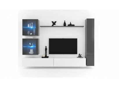Mobile TV moderno con parete attrezzata design, arredamento grigio, credenza.