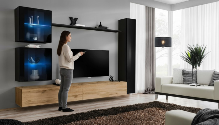 Lusso nero 3x Armadio da parete Mobile porta TV Moderno Set di design 6 pezzi Nuovo
