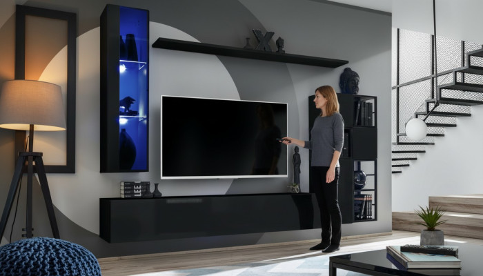 Soggiorno Set parete soggiorno 250 cm nero Arredamento Mobili in legno Armadio a parete  Salotto Set componibile salotto 250 cm nero Arredamento Mobili in legno Armadio a parete