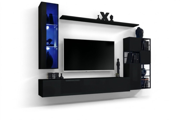 Soggiorno Set parete soggiorno 250 cm nero Arredamento Mobili in legno Armadio a parete  Salotto Set componibile salotto 250 cm nero Arredamento Mobili in legno Armadio a parete