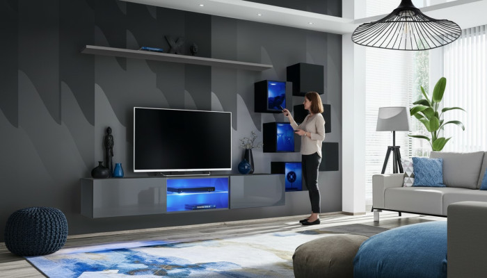 Imposta moderna grigia arredamento parete TV stand credenza in legno mobile a parete.