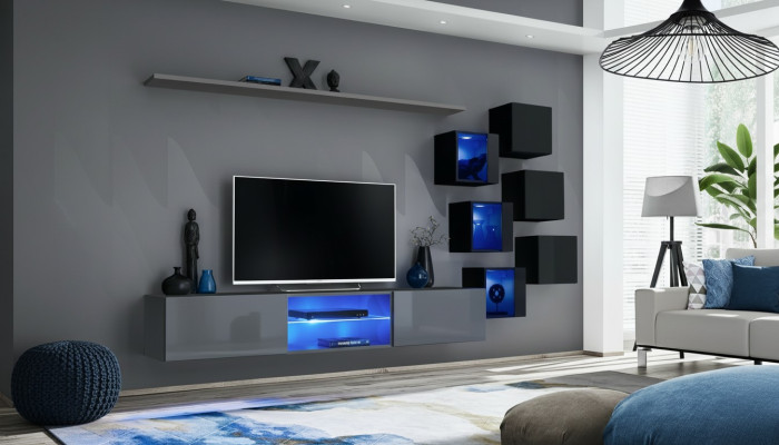 Imposta moderna grigia arredamento parete TV stand credenza in legno mobile a parete.