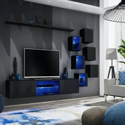 Set completo in nero per parete attrezzata di lusso in legno design moderno con armadio a muro.