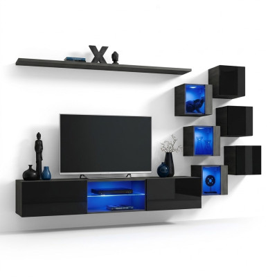 Set completo in nero per parete attrezzata di lusso in legno design moderno con armadio a muro.