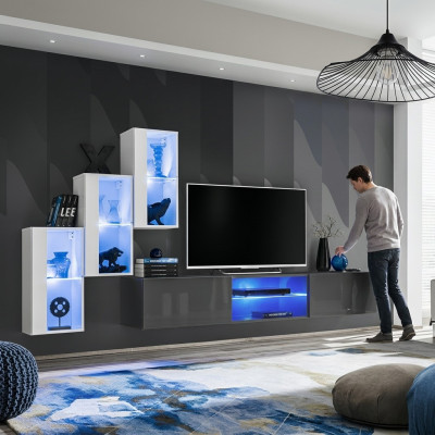 Mobile porta TV in grigio, set completo di mobili da parete con scaffali e armadietto a parete.