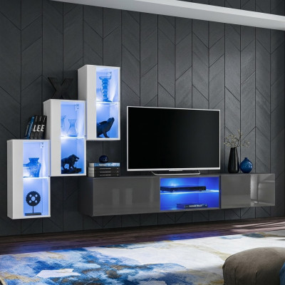 Mobile porta TV in grigio, set completo di mobili da parete con scaffali e armadietto a parete.