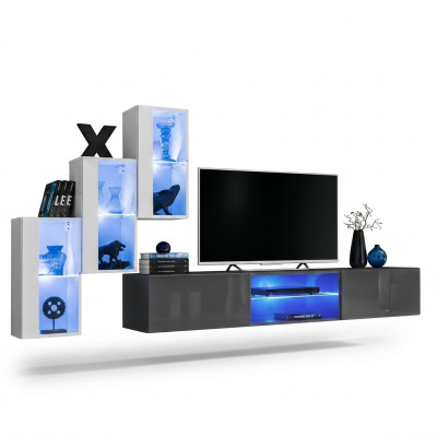 Mobile porta TV in grigio, set completo di mobili da parete con scaffali e armadietto a parete.