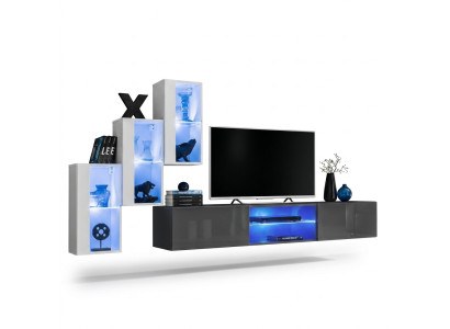 Mobile porta TV in grigio, set completo di mobili da parete con scaffali e armadietto a parete.
