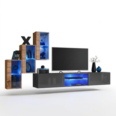 Mobili componibili moderni completi per soggiorno, mensole da parete, supporto TV e 3 armadi a parete.