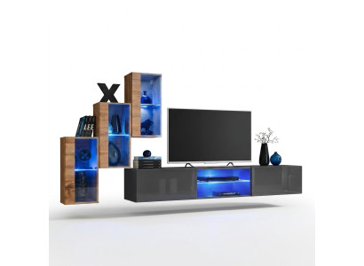 Mobili componibili moderni completi per soggiorno, mensole da parete, supporto TV e 3 armadi a parete.