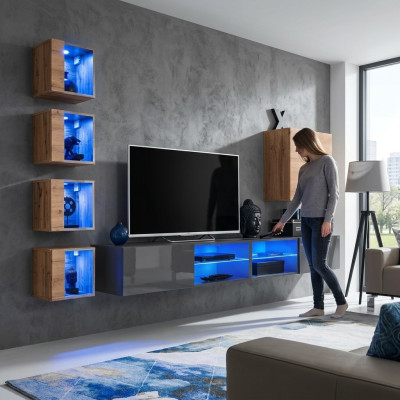 Soggiorno Parete attrezzata Grigio Moderna Mobili Porta TV Armadietto a muro Scaffali